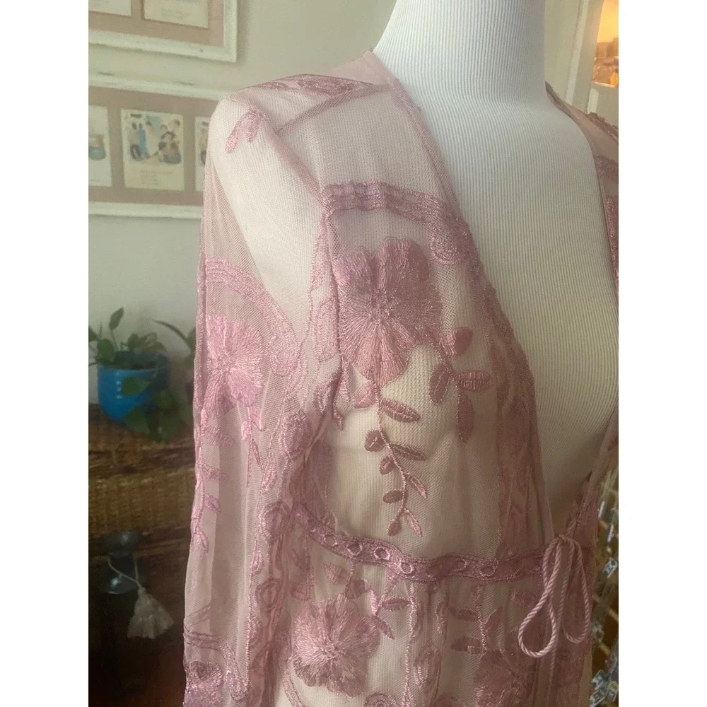 Haute Monde‎ swim coverup Sz S  Mesh pink embroidery Sheer Tassel Tie Kimono